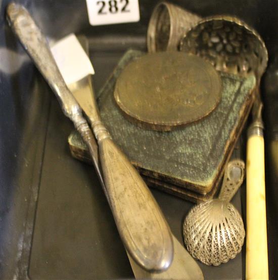 Silver horticultural medal and a filigree caddy spoon and other items